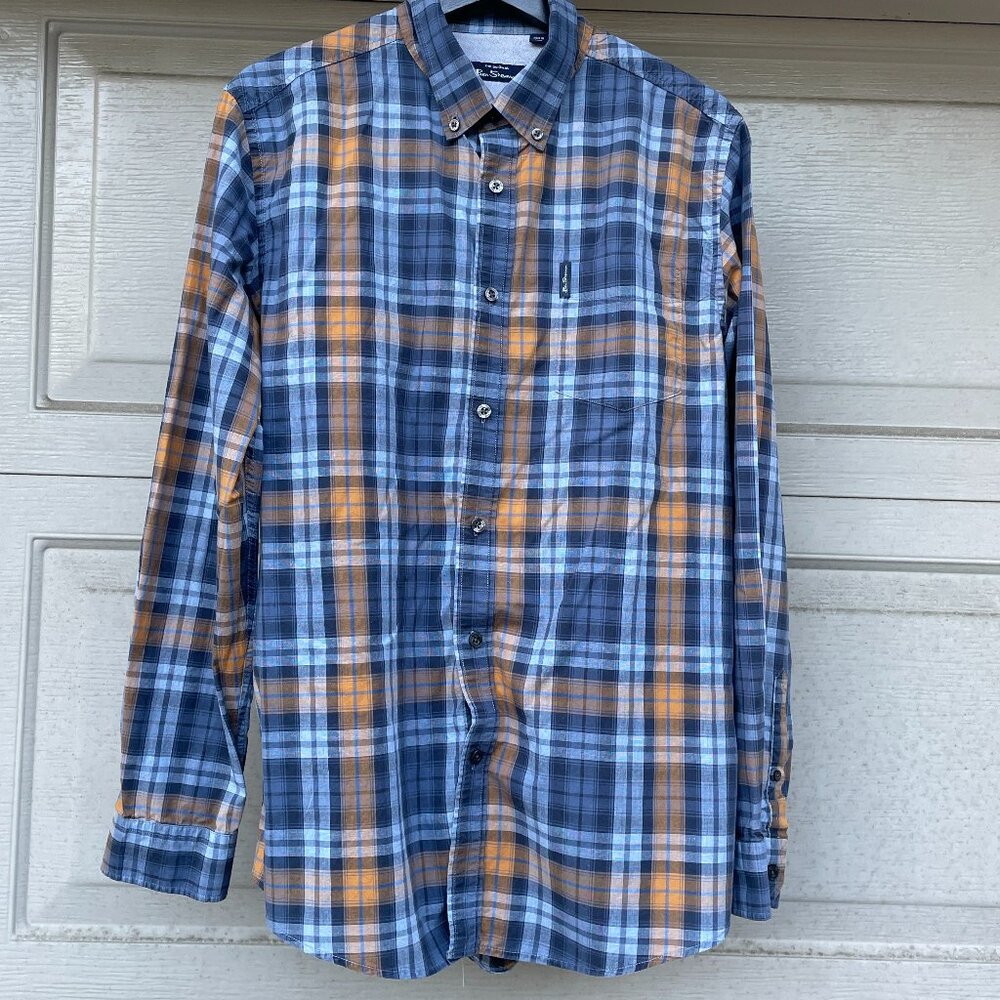 Vtg 00s Ben Sherman Mod Fit 100% Cotton Plaid Button Down Shirt Blue M Slim Fit